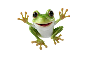 Happy Green Frog with Big Eyes Jumping Figurine Isolated on Transparent Background