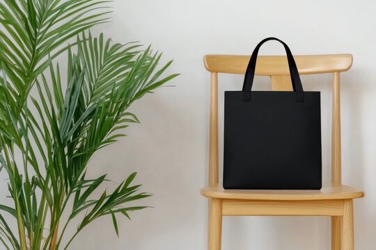 Black shopping bag resting on wooden chair beside verdant plant, embodying minimalist design aesthetic with clean visual composition - Powered by Adobe