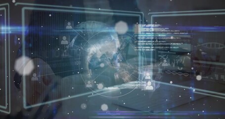 Animation of globe, dots and data processing over caucasian woman using laptop - Powered by Adobe