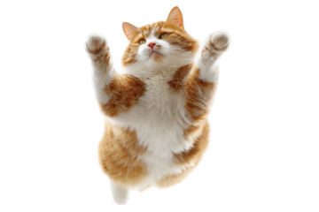 Orange and White Cat Jumping with Raised Paws Isolated on Transparent Background