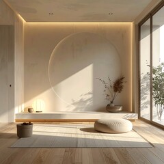 Modern interior, serene space with circular design and warm lighting