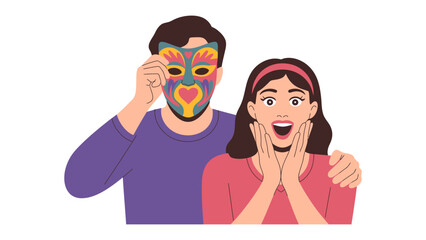 Unveiling Surprises: A masked individual reveals a colorful mask, eliciting a moment of surprised awe from a woman. The image embodies surprise, wonder, and the unveiling of a secret.