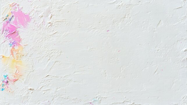 Abstract white impasto plaster texture with vibrant pink and yellow oil paint palette knife smears for creative artistic background