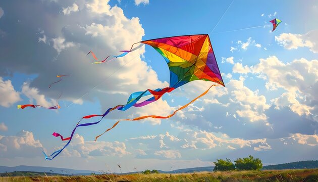 Colorful kite soaring gracefully against a vibrant sky with fluffy clouds
