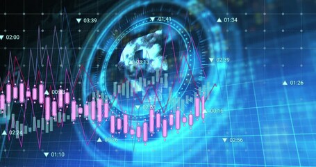 Animation of financial data processing over scope scanning with pound symbol on black background - Powered by Adobe