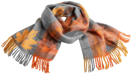Vibrant Orange and Gray Plaid Scarf with Maple Leaf Pattern and Fringe Details Isolated on Transparent Background