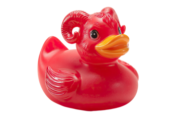 Vibrant Red Rubber Duck with Ram Horns and Orange Beak Isolated on Transparent Background
