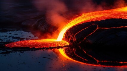 Dramatic depiction of molten lava cascading into the water during a volcanic eruption at night