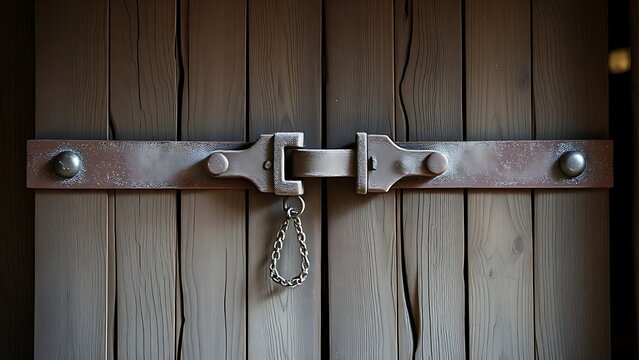 hasp. Large iron hasp on a dusty barn door, symbolizing security in soft natural light. real-estate listings.