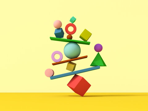 Colorful geometric shapes balanced in symbolic 3d rendering