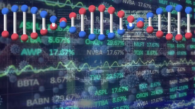 Animation of dna structure and human brain icon against stock market data processing