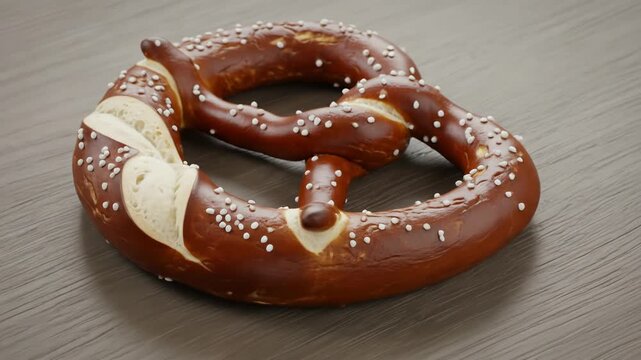 Freshly Baked Pretzel with Salt Crystals on Wooden Surface