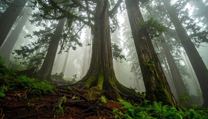 Towering trees in a misty forest create a tranquil natural landscape scene