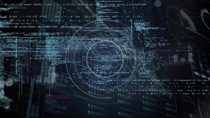 Animation of programming language over globe, connected dots and clock on abstract background - Powered by Adobe