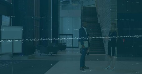 Animation of statistics and financial data processing over diverse business people - Powered by Adobe