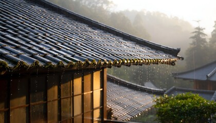 Traditional tiled rooftops with rainfall in the early morning sunlight