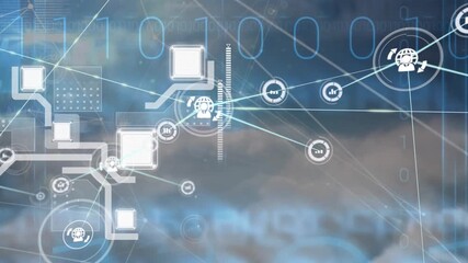 Animation of network of digital icons and binary coding against clouds in the sky - Powered by Adobe
