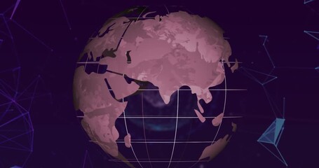Animation of rotating globe over connected dots forming geometric shapes on abstract background - Powered by Adobe