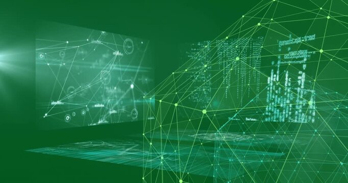 Animation of connected dots forming globe rotating by screens with computer language, graphs