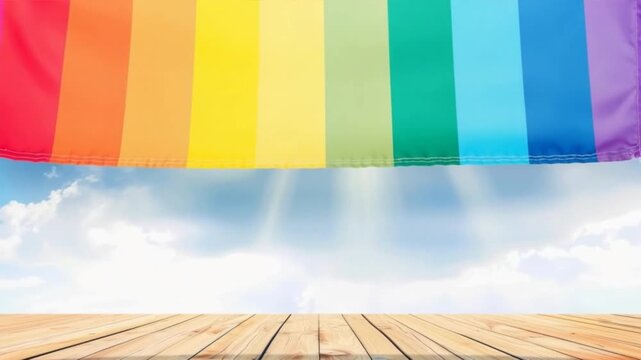 Vibrant pride flag waving against a bright sky, symbolizing diversity, inclusion, and love in a beautiful setting.