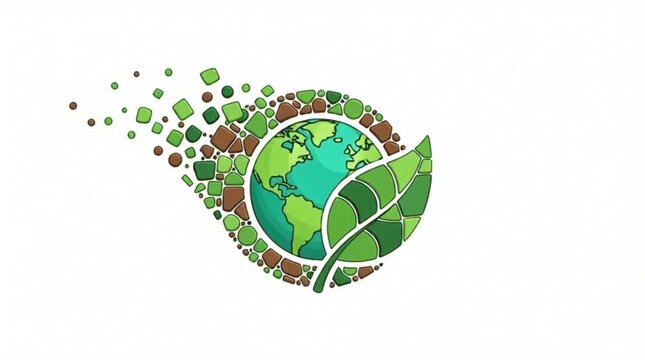 Abstract 3D illustration of planet Earth with a green leaf and floating pixels on white background