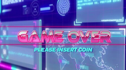 Animation of game over text banner against interface with data processing on blue background - Powered by Adobe
