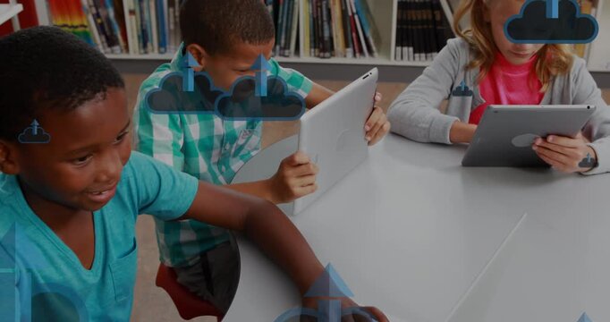 Animation of arrow in clouds over diverse children using digital tablet in school