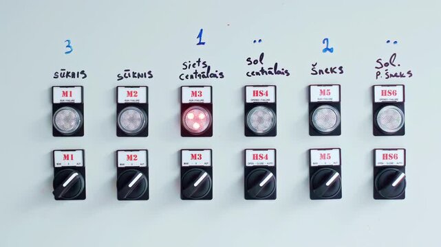 Row of power switches mounted on clean white panel under bright even lighting in close detail