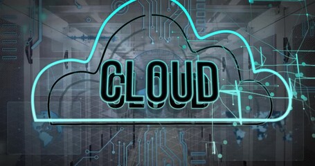 Animation of cloud text in cloud, map, globe over data server room