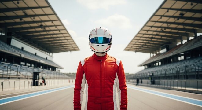 Professional race car driver in red suit standing on track