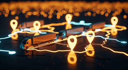 Efficient logistics and transportation network with trucks on glowing map