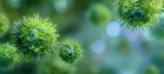 The green virus particles floating in a microscopic biological environment with soft bokeh