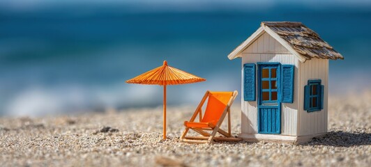 The beach hut model on sandy shore with orange umbrella and folding chair