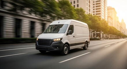 White van driving down city street with modern buildings