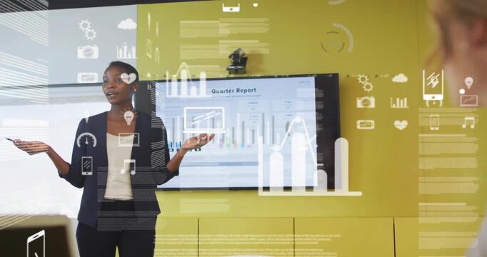 Animation of mobile application icons over african american businesswoman giving presentation