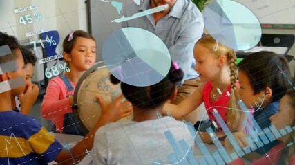Animation of data processing over diverse male teacher and schoolchildren studying globe - Powered by Adobe