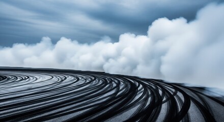 Dramatic tire tracks on wet sand beach under stormy cloudy sky