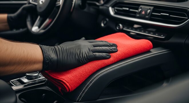 Person cleaning car interior with red microfiber cloth