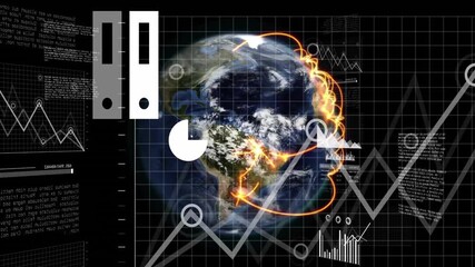 Animation of digital data processing over globe on black background - Powered by Adobe