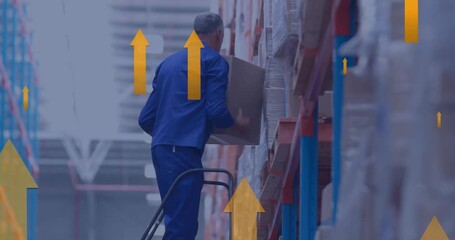 Animation of arrows and digital data processing over caucasian man working in warehouse - Powered by Adobe