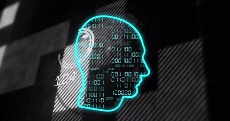 Animation of data processing and digital human over globe on black background - Powered by Adobe