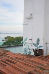 Rustic brown tile roof and sea view