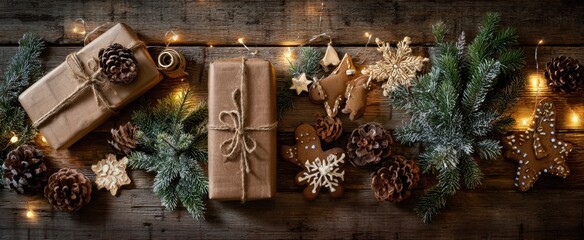The wrapped presents and festive holiday arrangement with pine, lights, gingerbread cookies