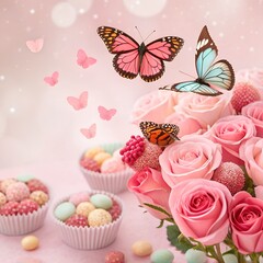 Colorful butterflies hovering over pink roses filled with assorted sweets, soft dreamy beautiful background, ultra-clear, high detail