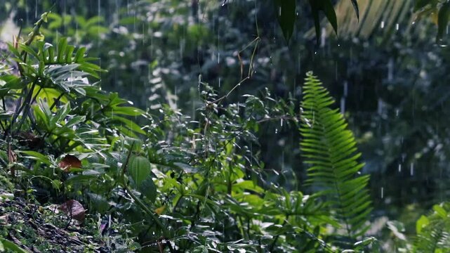 Rain falling on fresh green fern leaves in a sunny tropical garden nature background
