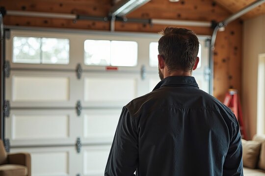 photo of a contractor man standing inside a home, looking out at a garage door that is being installed or repaired. The focus is on the contrast between the cozy interior of the home