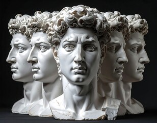 Multiple sculpted human heads arranged in a semi-circular manner