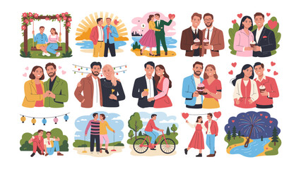 Fototapeta premium Love and Togetherness: A collection of illustrations depicts diverse couples sharing moments of intimacy, love, and affection, showcasing the beauty of relationships and the bond between two souls.