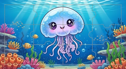 Adorable Cartoon Jellyfish Underwater Puzzle with Colorful Ocean Life