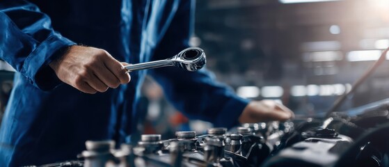 The Mechanic's Hand Holding a Wrench Over a Car Engine in a Workshop